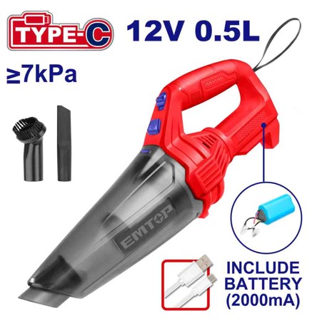 12V Cordless Vacuum Cleaner 0.5L 7kPa with Crevice Nozzle and Dust Brush